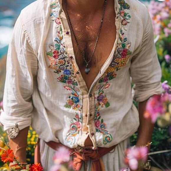 Manly/Unisex Casual Cream and Red Embroidered Button Down Shirt - Picture 13 of 13